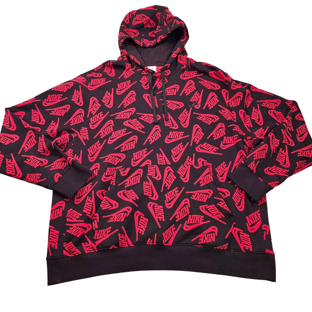 Nike Sportswear Club Hoodie Mens XL Black Red All Over Print Fleece Pullover - Picture 1 of 9